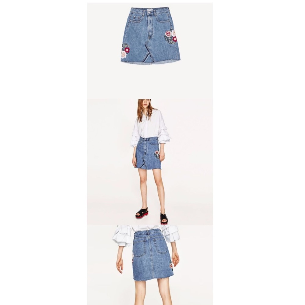 Zara premium denim floral embroidered skirt